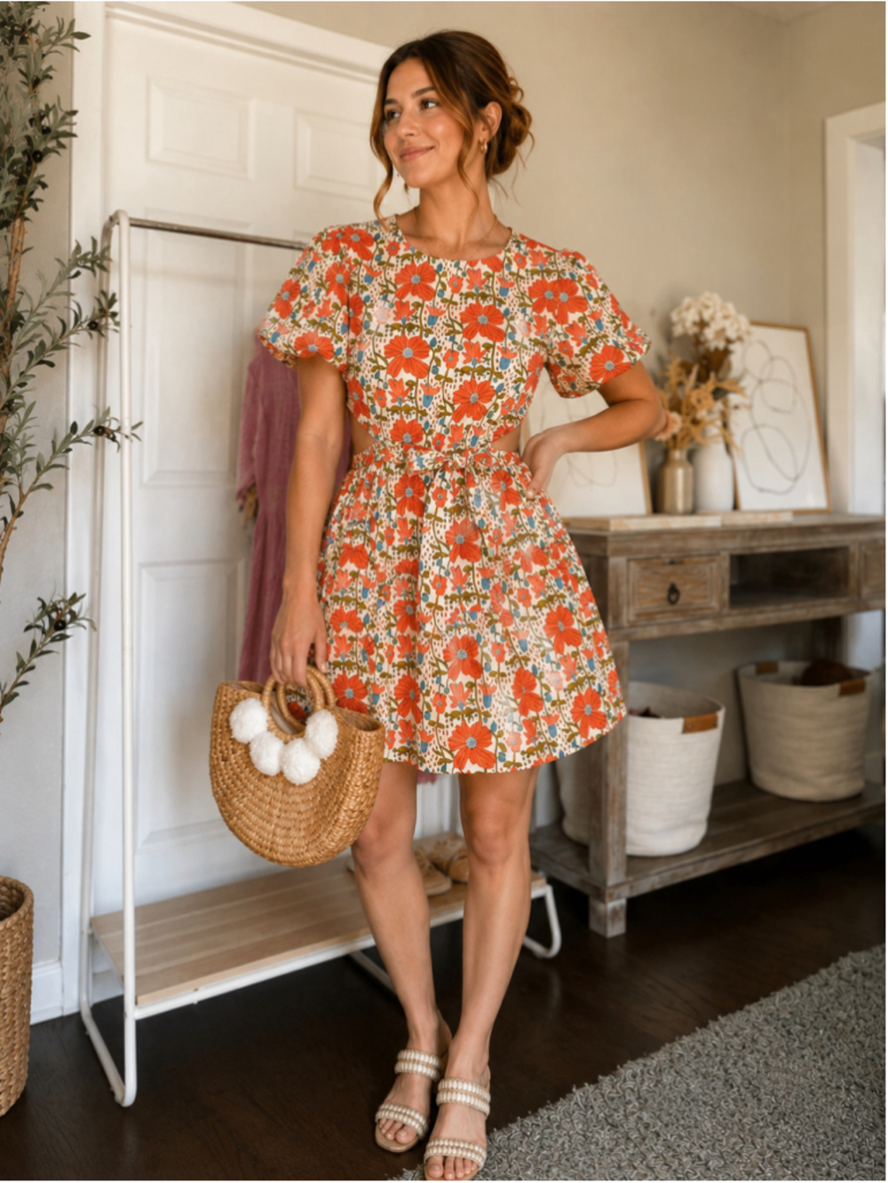 Floral Puff Sleeve Cutout Mini Dress Cottagecore Wedding Guest Cotton L